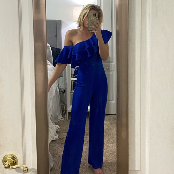 Pants - Blue Asymmetrical Ruffle Jumpsuit